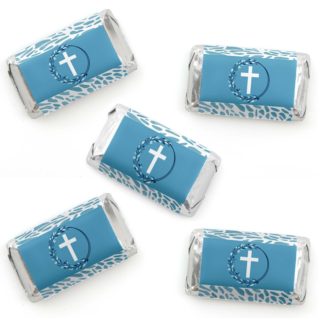 Big Dot of Happiness Blue Elegant Cross - Mini Candy Bar Wrapper Stickers - Boy Religious Party Small Favors - 40 Count